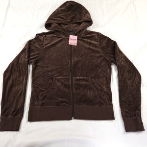 NWT Zn Brown Velour Feel Full Zip Lightweight Hooded Jacket Size Medium